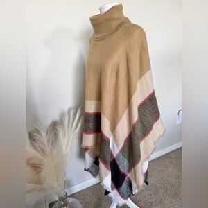 Elegant Tan and Gray Turtleneck Poncho Sweater
